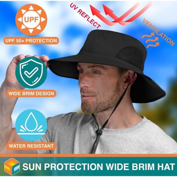 Black SUN CUBE Wide Brim Sun Hat Men Women Fishing Hats UV Protection UPF 50+ - Picture 2 of 7